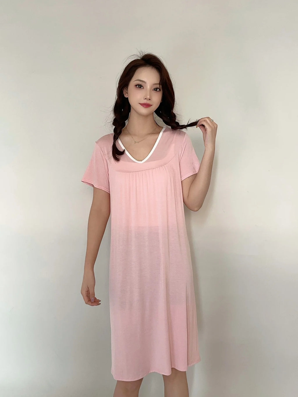 Plus size L to 6XL Modal V-Neck sleepdress summer women Loose homewear dress solid color casual long nightdress comfort homewear