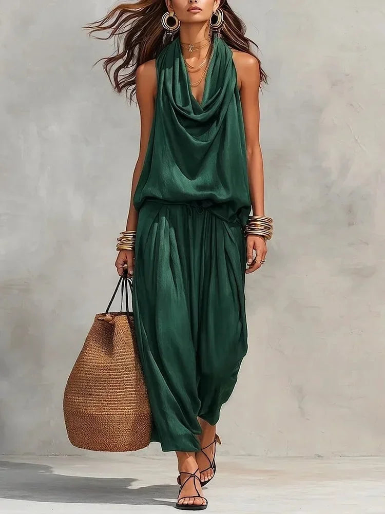 Women 2 Piece Outfit Pleated Collar Sleeveless Vest & Casual Pants Set Elegant High End Commuter Matching Suit European Style