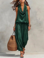 Women 2 Piece Outfit Pleated Collar Sleeveless Vest & Casual Pants Set Elegant High End Commuter Matching Suit European Style