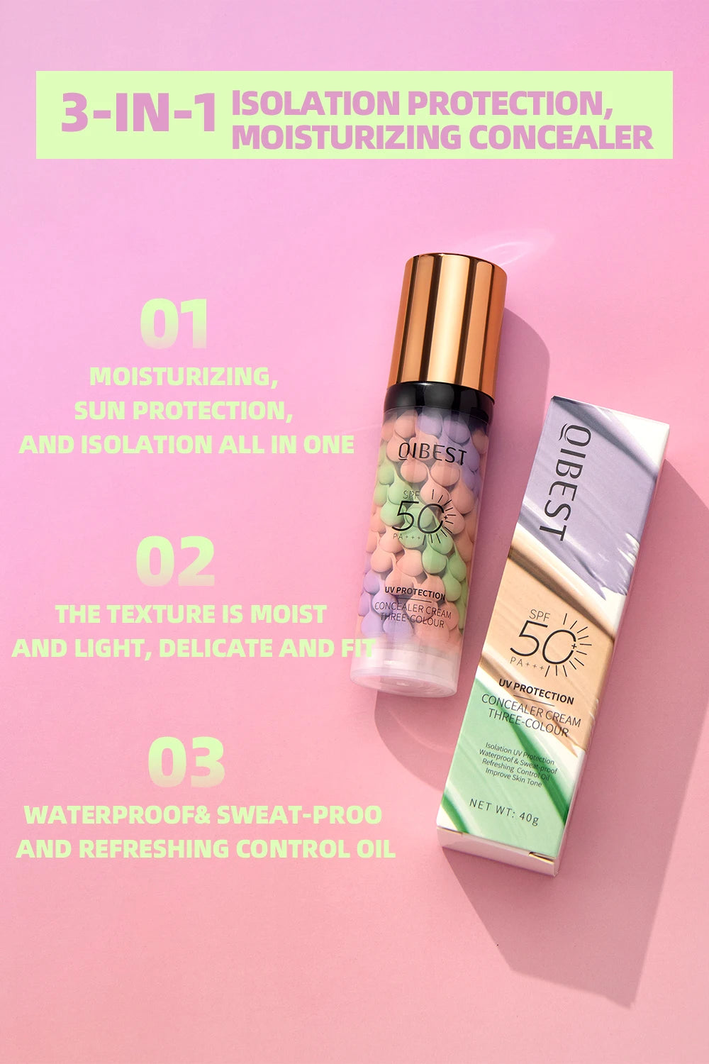 QIBEST Face Makeup Primer Tri-color Cream Brighten Contour Color Isolation Waterproof Foundation Natural Makeup Base Cream