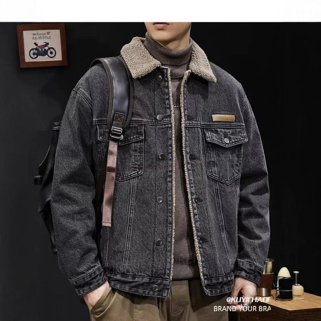 2026 Autumn and Winter Men's New Denim Jacket Fleece Thickened Retro Loose Casual Jacket