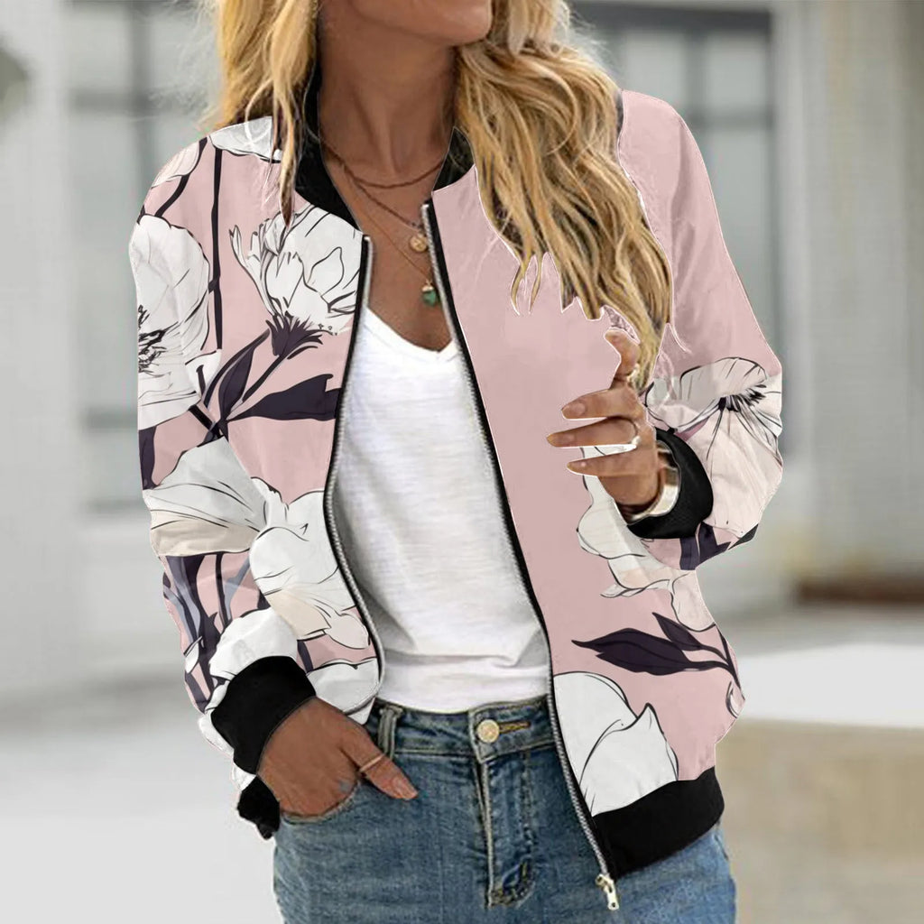 Veste Bomber Femme Imprimé Floral – Courte Zipée Casual Automne Hiver