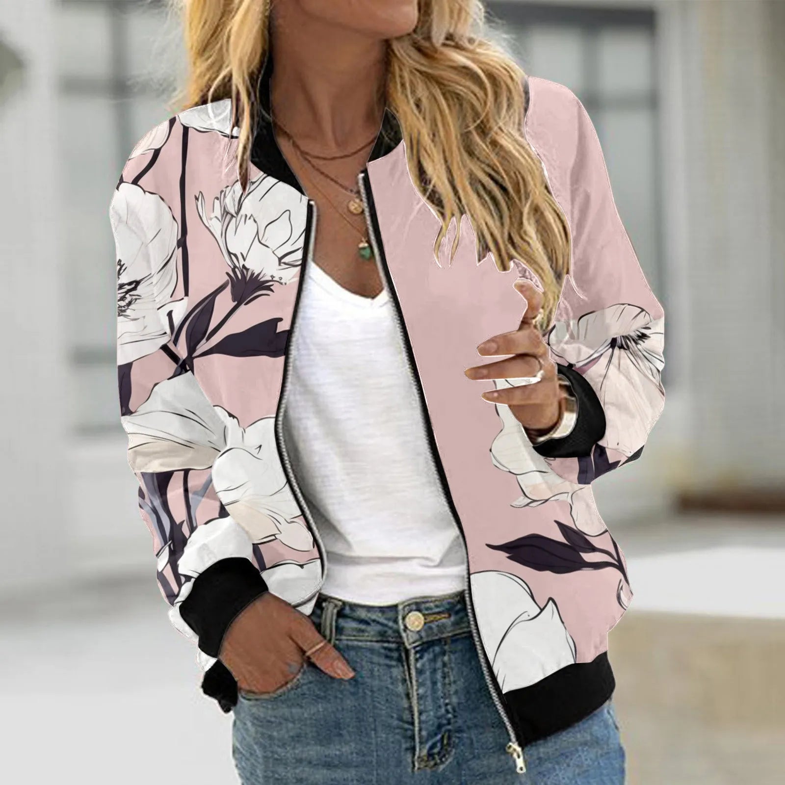 Veste Bomber Femme Imprimé Floral – Courte Zipée Casual Automne Hiver