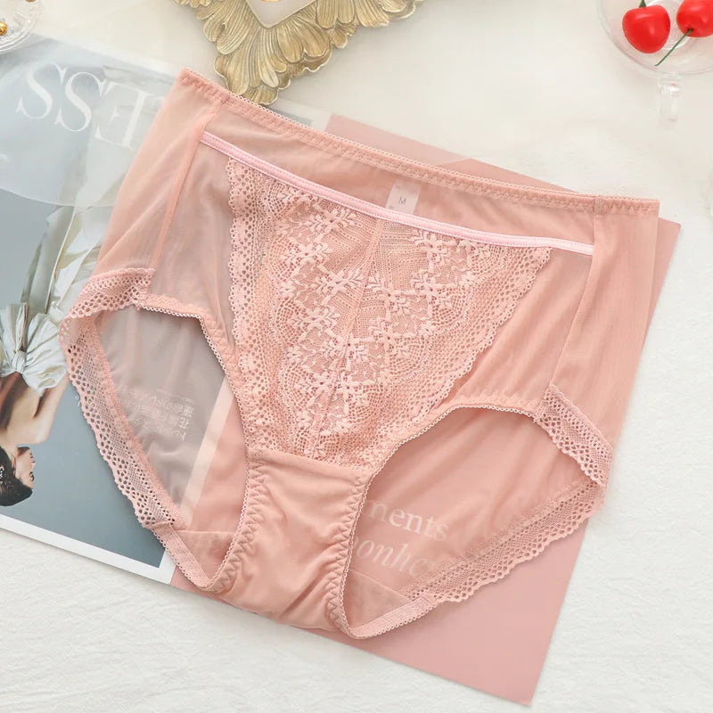 Women Transparent Lace Panties Large Sizes with High Waist Summer Sexy Mesh Hollow Out Briefs Women's Underwear Plus Size