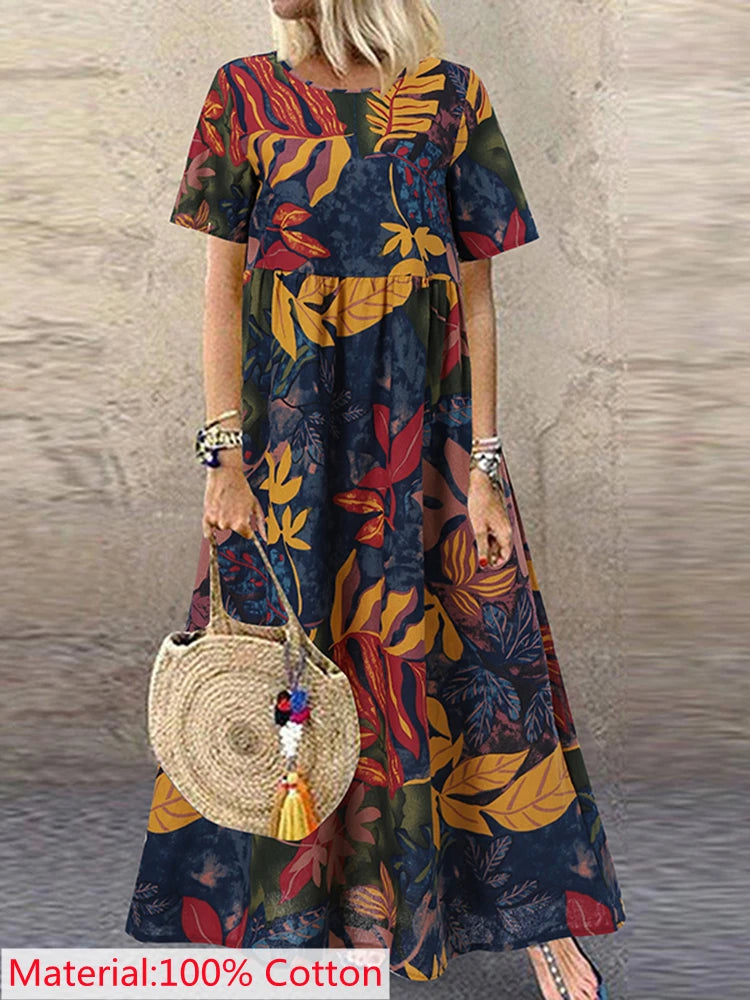 2025 ZANZEA Bohemian Holiday Sundress Summer Women Vintage Floral Printed Short Sleeve Beach Dress Loose Long Vestido Robe Femme