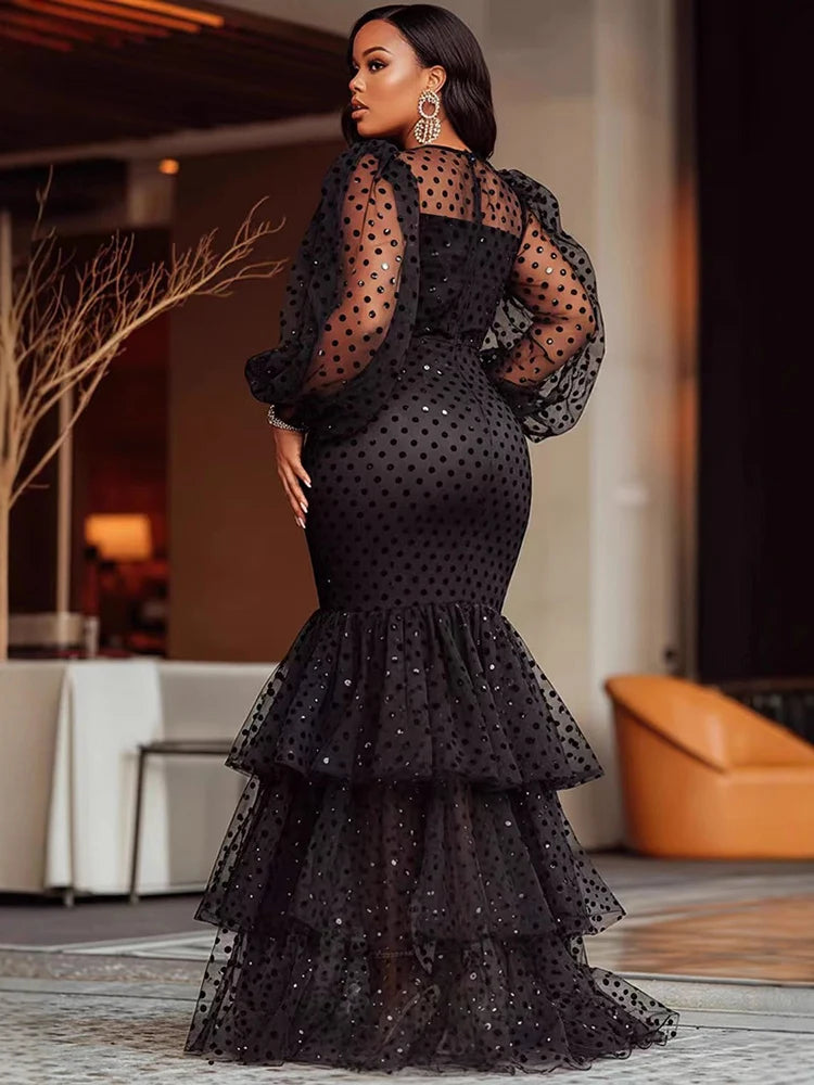Women's Plus Size Polka Dots Evening Dress Crew Neck Mesh Sheer Prom Party Robe Dress Tiered Ruffle Hem Chic Formal Maxi Dresses