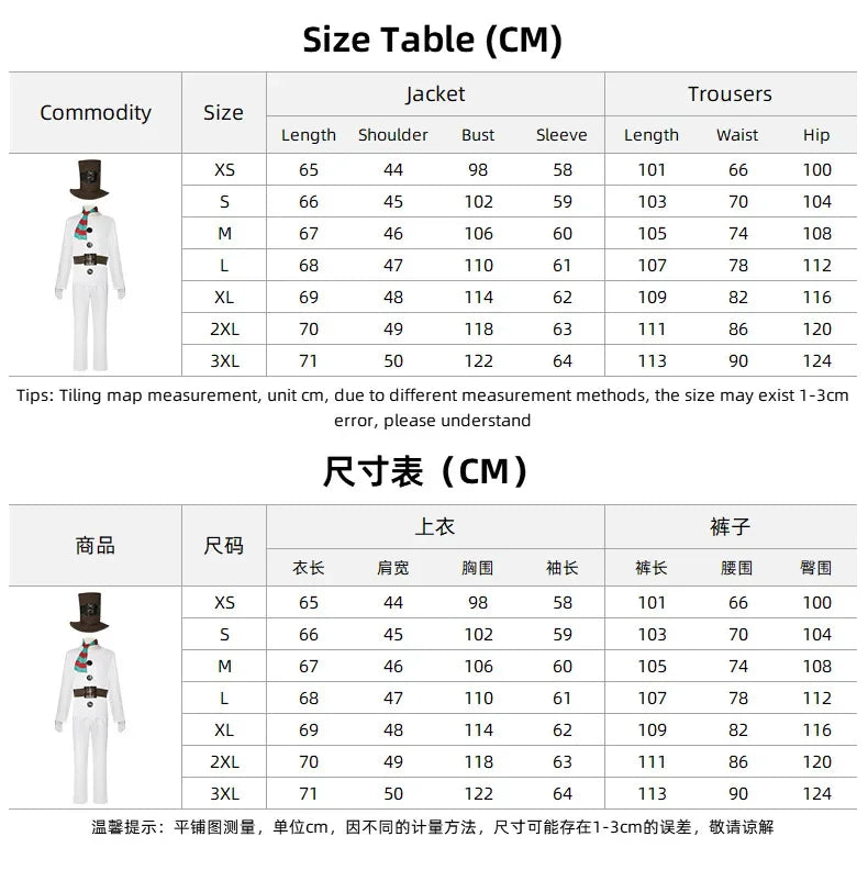 New Christmas Cosplay Costume Anime White Snowman Suit for Adult Women Men Carnival Theme Party Role Playing Outfits