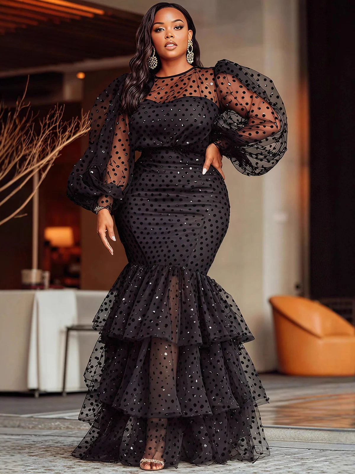 Women's Plus Size Polka Dots Evening Dress Crew Neck Mesh Sheer Prom Party Robe Dress Tiered Ruffle Hem Chic Formal Maxi Dresses