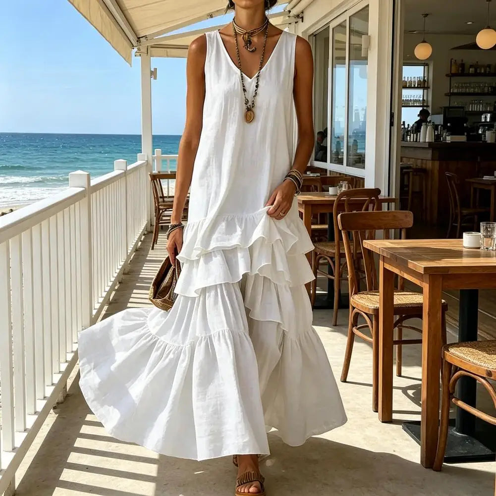 Plus Size Summer Dress Spring Solid Color Women's Loose V-neck Large Skirt Sleeveless Ruffle Edge Travel Dresses Sundress
