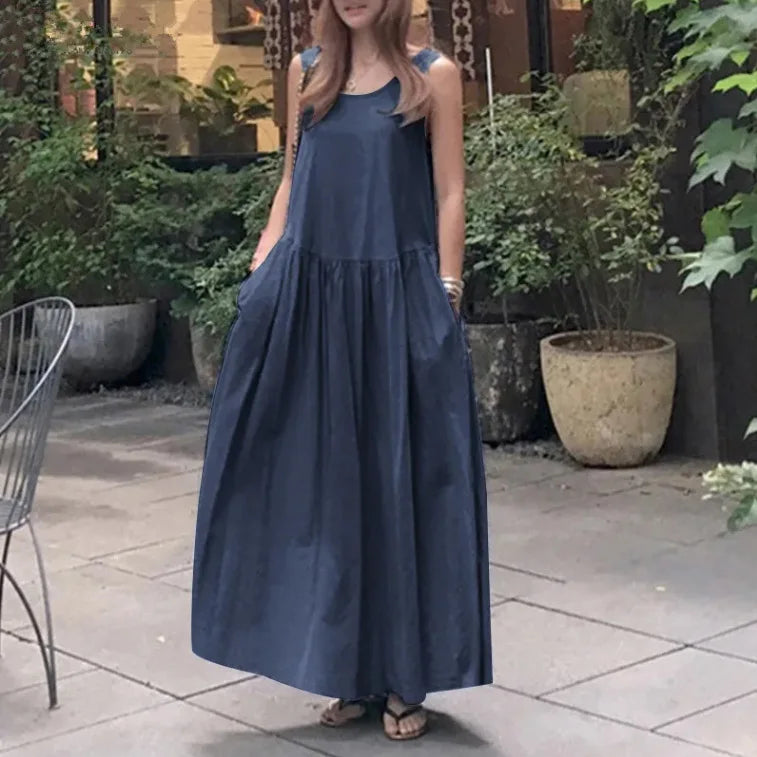 Women's Dress 2025 Summer Cotton and Linen Casual Round Neck Sleeveless Large Size Loose Solid Color Vest Long Swing Dress