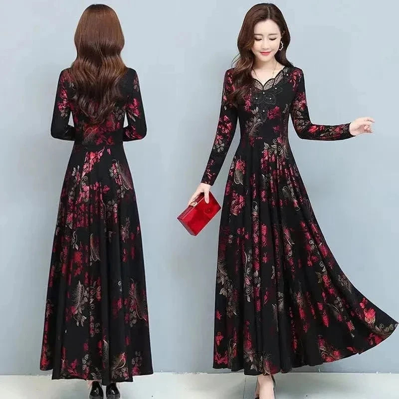 Spring Autumn New Women Dress Elegant Temperament Long A-Line Dress High End Fashion Lace Printed Beading Dresses Vestidos Mujer