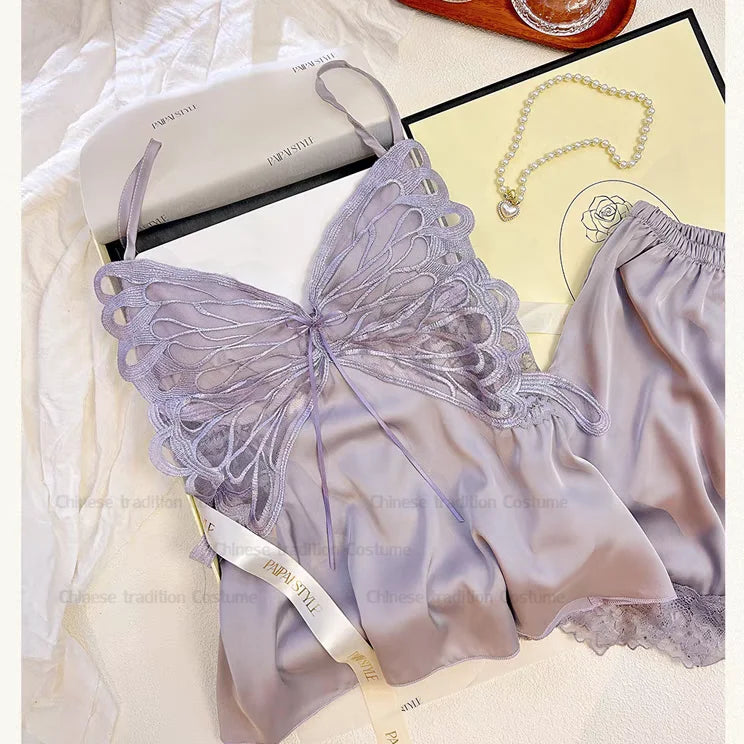 Pink Lingerie Sleeveless Top&shorts Women's Satin Sleepwear Sexy Butterfly Lace Nightwear 2Pcs Pajamas Suit Lady Summer New