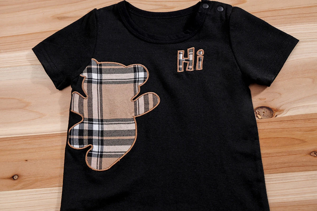 2pcs IURNXB Baby Clothes Set Infant Short Sleeve Tees+Shorts Cartoon Checked Bear Print Cute Kids Tops Pants Casual Suits 3-24M