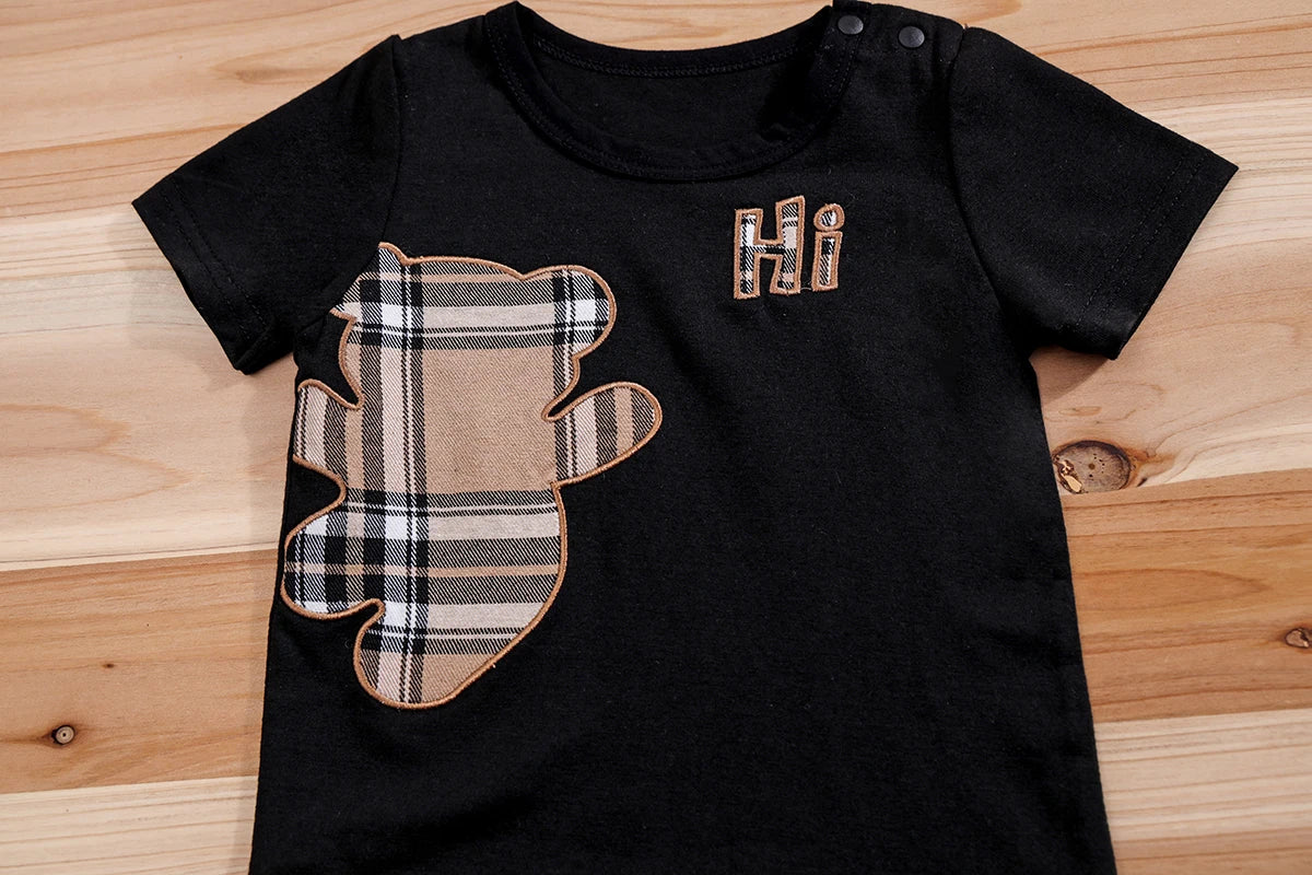 2pcs IURNXB Baby Clothes Set Infant Short Sleeve Tees+Shorts Cartoon Checked Bear Print Cute Kids Tops Pants Casual Suits 3-24M