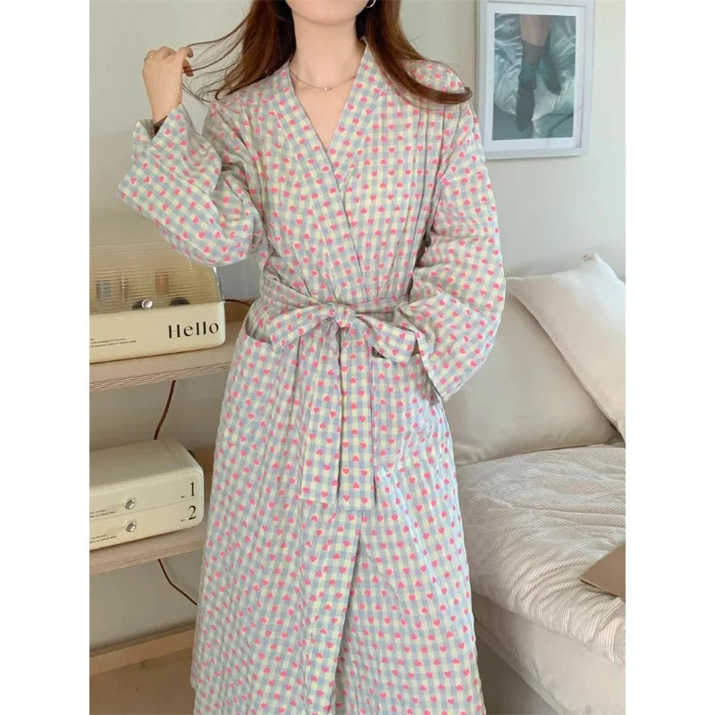 Women's Robe Bathrobe Bathing Love Plaid Loose Long Sleeve Long Kimono Pajamas V-neck Lace Up Trousers Nightgow Sexy Ladies Girl