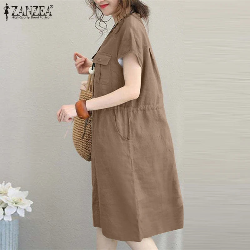 Summer Fashion Short Sleeve Dress ZANZEA Women Casual Drawstring Waist Vestidos Knee-length Robe Femme Elegant OL Work Sundress
