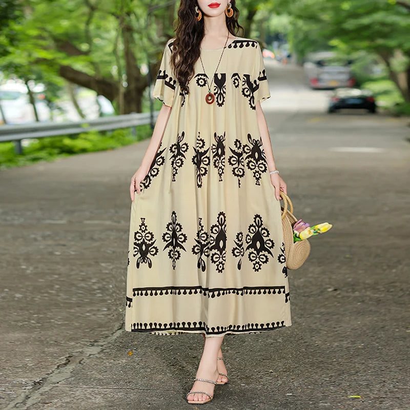 New Fashion Hot Summer Dresses For Women 2025 Casual Flower Print Floral Short Sleeve Dress Vintage Dress Loose Women Clothing