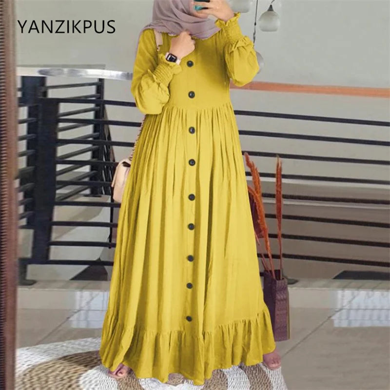 Retro Loose Large Round Neck Ruffle Dress, Arab Robe, Cotton and Hemp Art, Muslim Luxury Fashion, Spring and Autumn, New