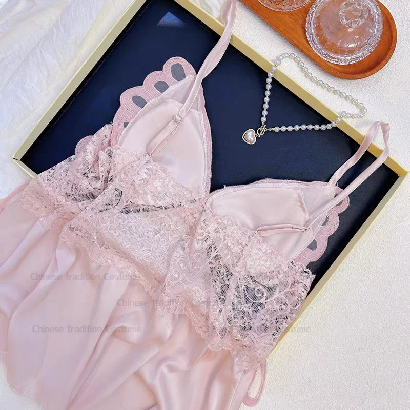 Pink Lingerie Sleeveless Top&shorts Women's Satin Sleepwear Sexy Butterfly Lace Nightwear 2Pcs Pajamas Suit Lady Summer New