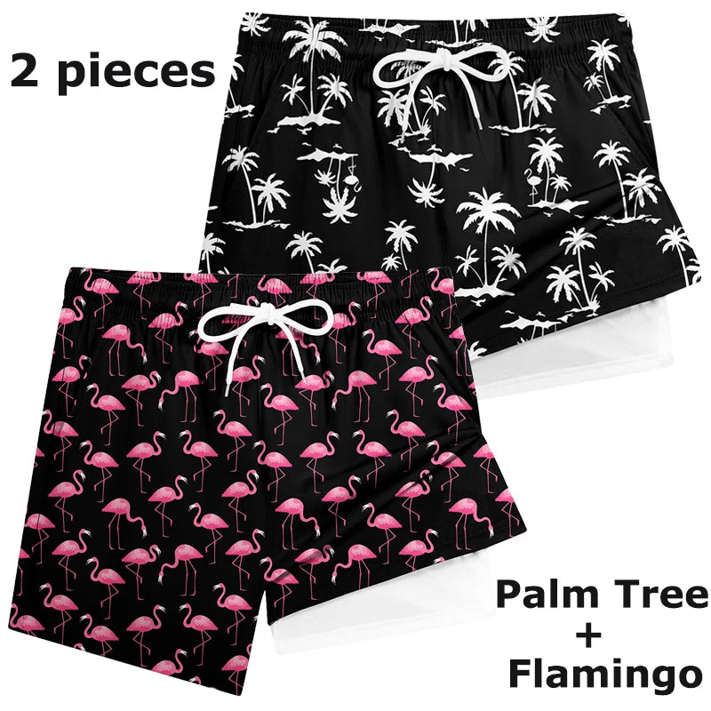 3D Print 2 in 1 Mens Swim Trunks Summer Quick Dry Beach Shorts with Phone Pocket Swimwear Swimsuit Bathing Suit  Board Shorts