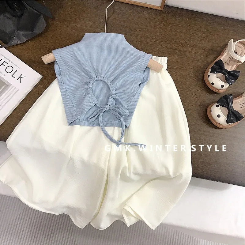 Children's Clothing sets 2-7 Years Backless Sleeveless T-Shirt & White Wide Leg Pants Summer Outfit Toddler Infant Clothing Set
