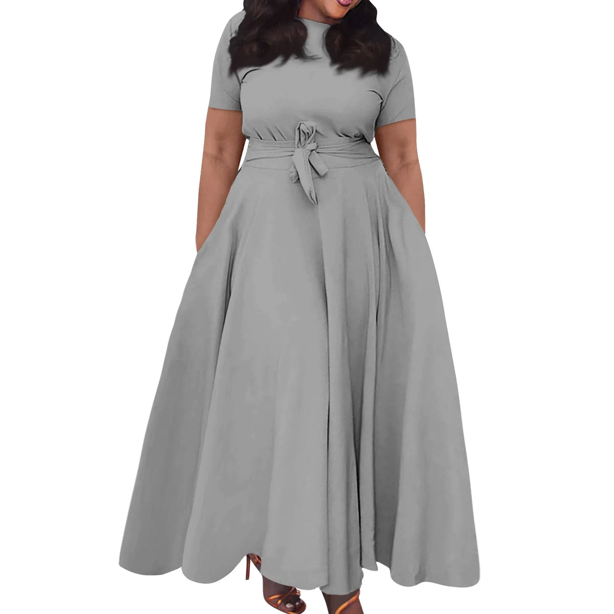 dress for women Casual Fashion Large Size sexy long dresses Solid Color Round Neck dress Short Sleeve Pocket Straps Swing elbise