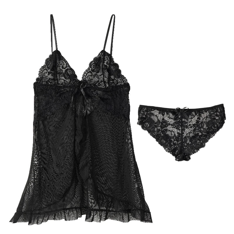 Women Lace Mesh Nightgown Set V Neck Ruffle Hem Slip Dress With Thong Sexy Bow Decor Ladies Sleepwear Lingerie