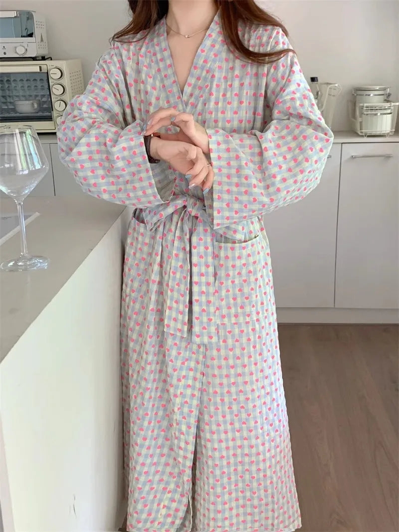 Women's Robe Bathrobe Bathing Love Plaid Loose Long Sleeve Long Kimono Pajamas V-neck Lace Up Trousers Nightgow Sexy Ladies Girl