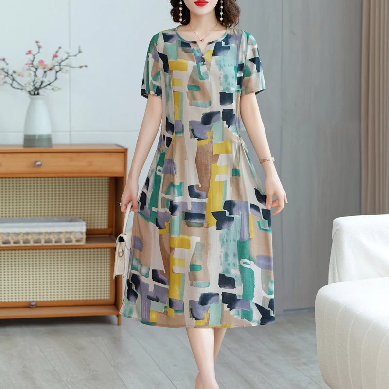 New Hot Fashion 2025 Casual Print Women Summer Dresses For Women Clothing Cotton Vintage Dress Plus Size