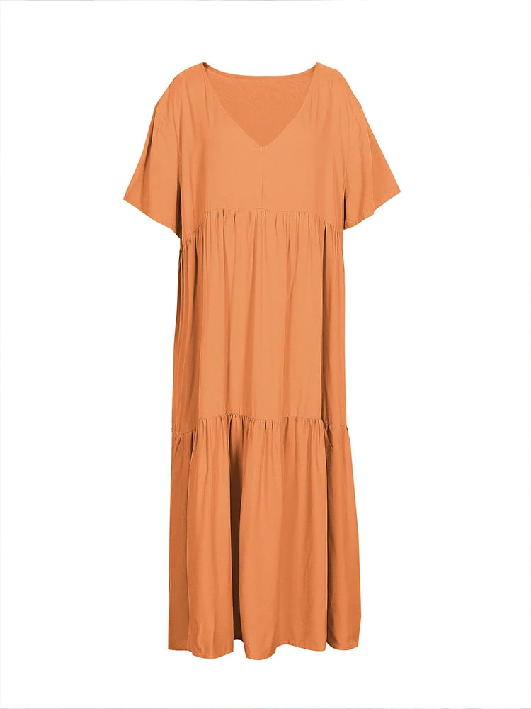 plus Size Women's Casual Loose V-Neck Solid Long Dress Spring Summer Pleated Big Size Women's Dress