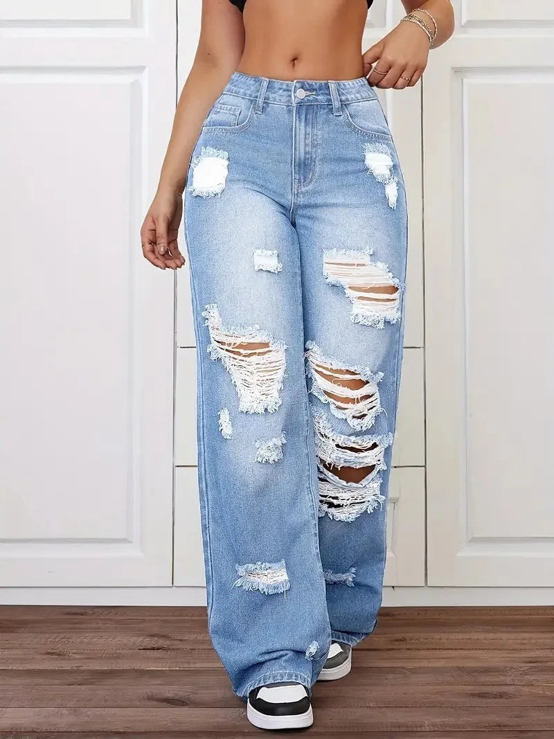 Jean femme taille haute déchiré – Coupe wide leg streetwear