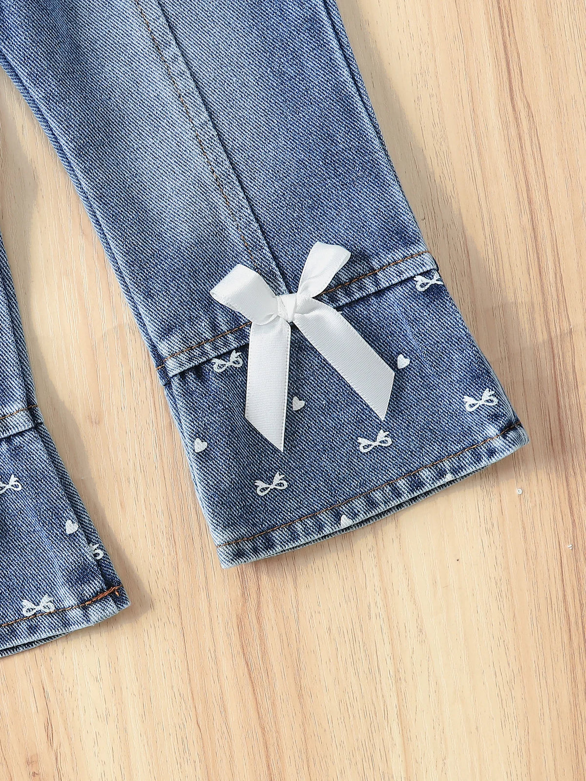 2Pcs Toddler Girl Denim Set, Ruffle Bow Cropped Jacket Flared Jeans Outfit 1-2Y