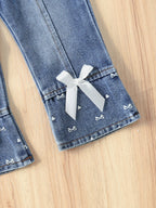 2Pcs Toddler Girl Denim Set, Ruffle Bow Cropped Jacket Flared Jeans Outfit 1-2Y