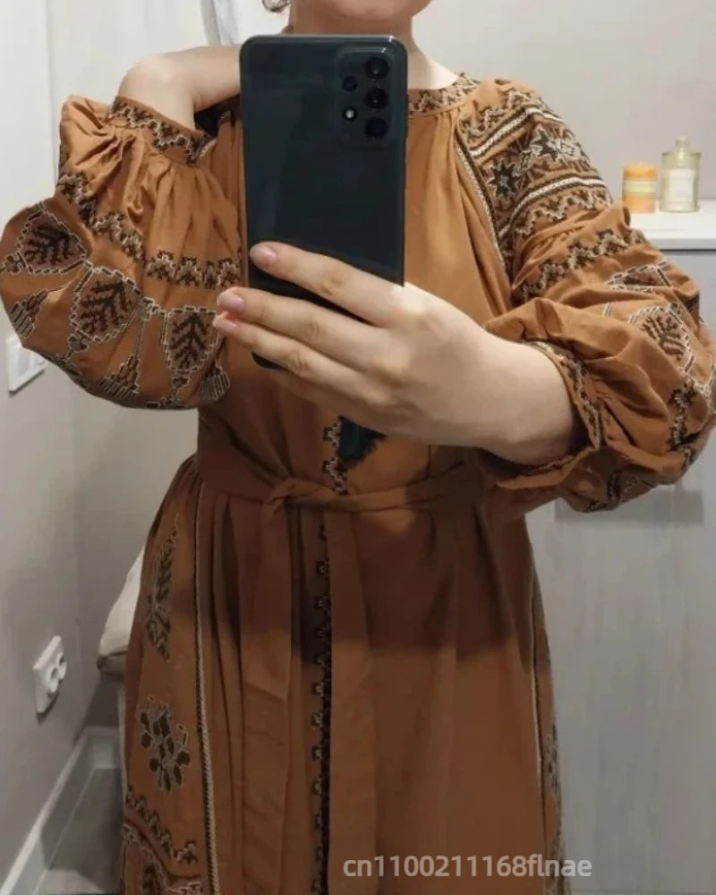 European Retro Ethnic Style Dress for Women in Spring and Autumn, Embroidered Lace Up Lantern Sleeves, Waist Cinching Long Skirt