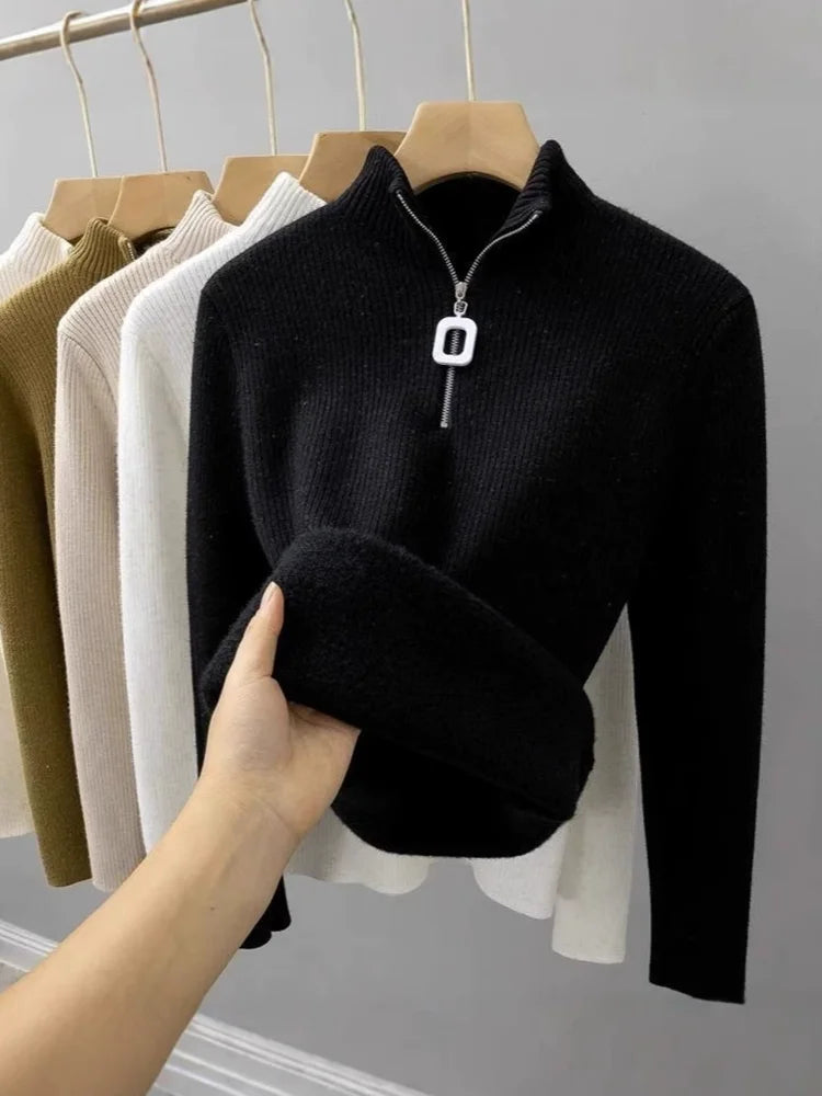 V-Neck Plus Velvet Thicken Knitted Pullover Sweater Woman Casaul Korean Fashion Knitwear Tops Jumpers Plush Lined Warm Sueter