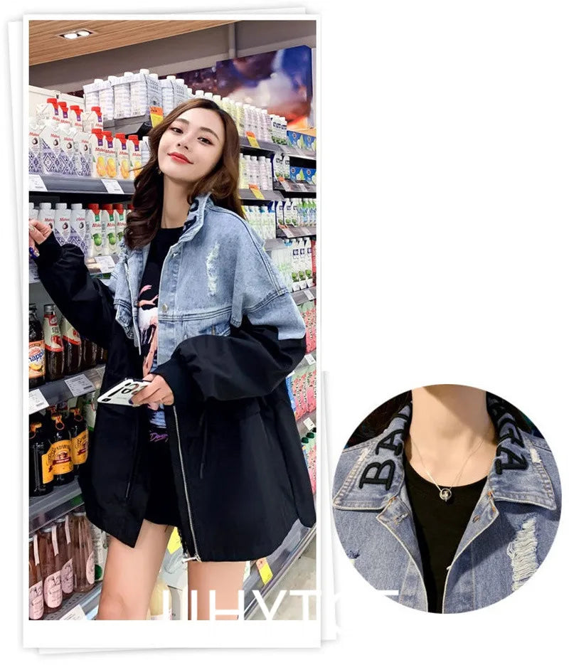 Veste Jean Femme Mi-Longue – Casual Grande Taille Printemps Automne S-3XL