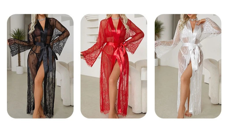 Women's Sheer Lace Robe Sexy See Through Nightgown with Jacquard Lace Floral Trim Satin Lounge Dress for Kimono Robe Home Wear