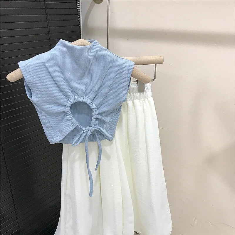 Children's Clothing sets 2-7 Years Backless Sleeveless T-Shirt & White Wide Leg Pants Summer Outfit Toddler Infant Clothing Set
