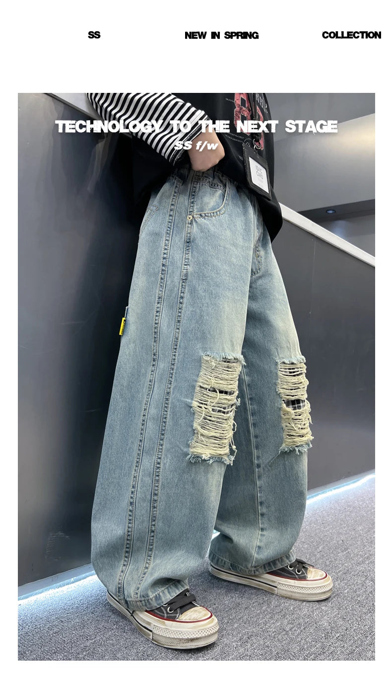 Distressed Designer Kids Desroyed Ripped Jeans Trousers with Holes On Knee for Boys Casual Broken Denim Pants 5 6 8 9 10 12 14 Y