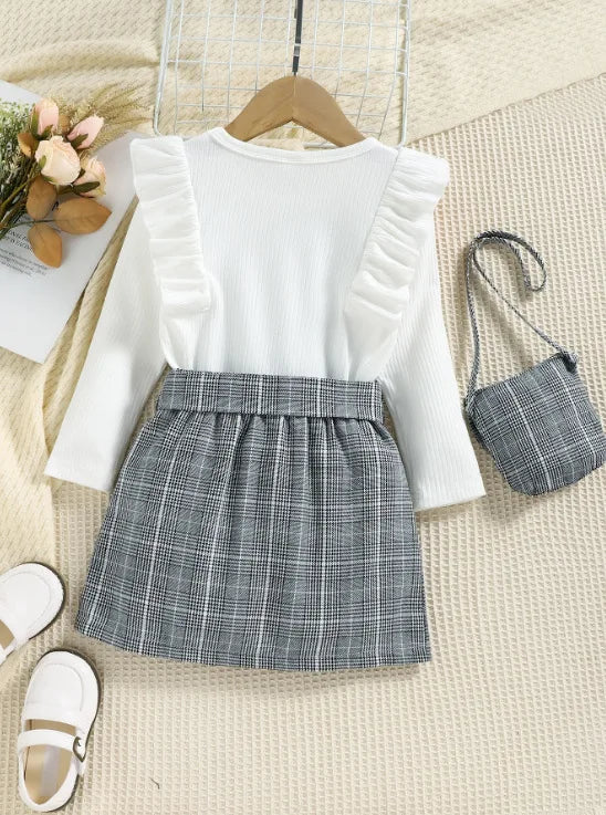 4-7Y Children Girls Clothing Outfit Solid Color Long Sleeve Ruffle Tops+Plaid Skirt With Belt+Bag Kids Girl Costume 3Pcs Set