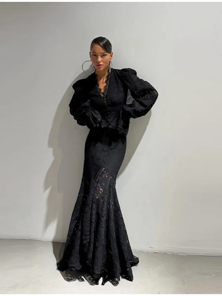 Elegant Solid Lace Ruffles Maxi Skirt Set Women Vintage Single Breasted Flared Sleeve V-neck Slim Blouse Suit Lady Party Outfits