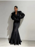 Elegant Solid Lace Ruffles Maxi Skirt Set Women Vintage Single Breasted Flared Sleeve V-neck Slim Blouse Suit Lady Party Outfits