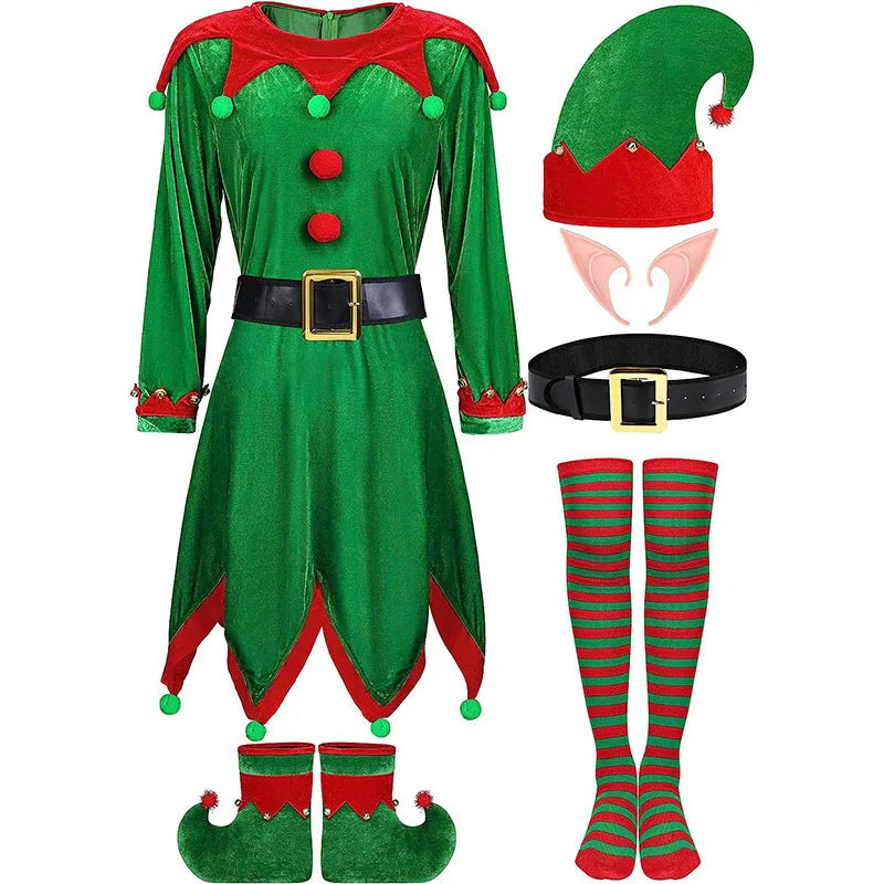 Women's Christmas elf costume set, adult velvet dress costume, Santa Claus helper, Christmas holiday