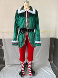 Christmas Elf Costume for Adults Men Women Couple Green Velvet Dress Suit Belt Hat Striped Stockings Xmas Party Cosplaywear
