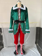 Christmas Elf Costume for Adults Men Women Couple Green Velvet Dress Suit Belt Hat Striped Stockings Xmas Party Cosplaywear
