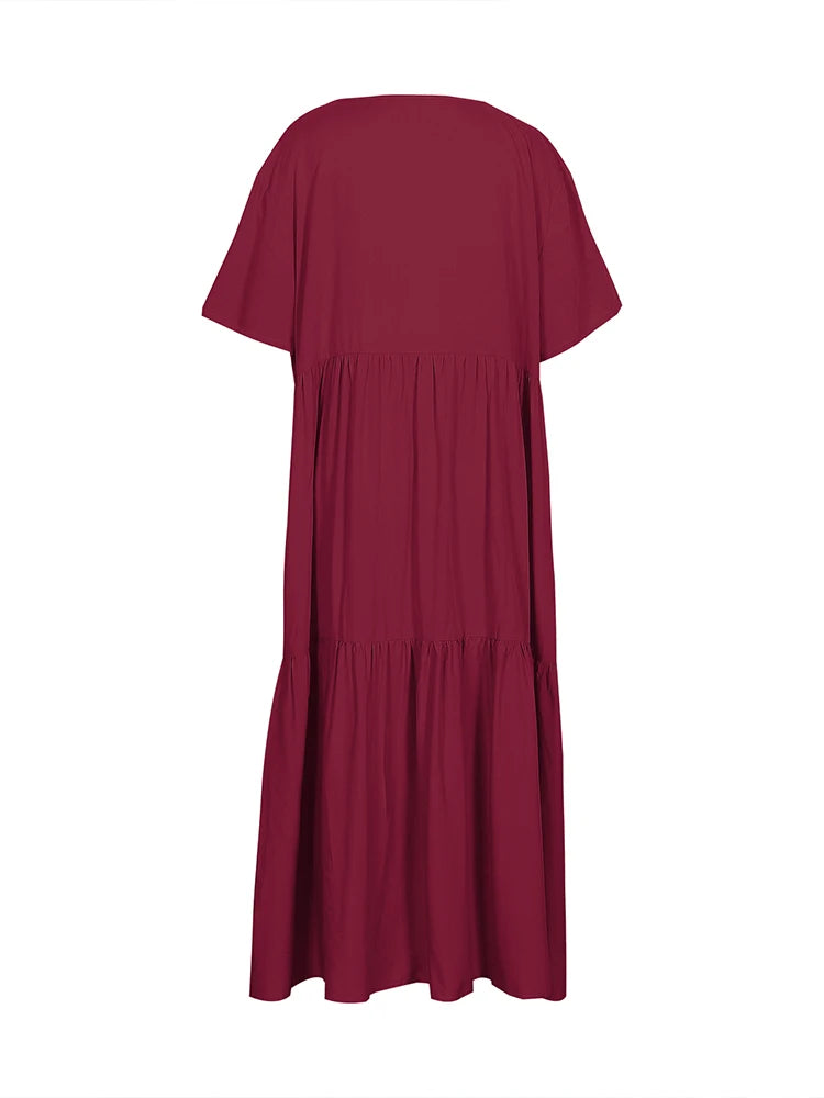 plus Size Women's Casual Loose V-Neck Solid Long Dress Spring Summer Pleated Big Size Women's Dress