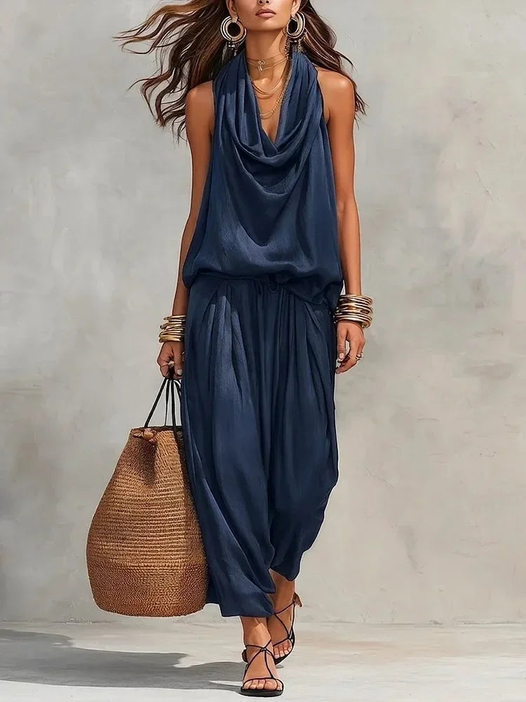 Women 2 Piece Outfit Pleated Collar Sleeveless Vest & Casual Pants Set Elegant High End Commuter Matching Suit European Style
