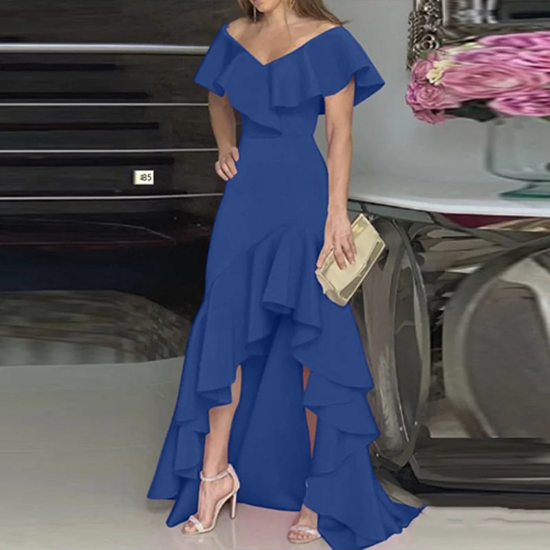 New Sexy V Neck Ruffles Party Dress Femme Elegant Summer Fashion Solid Sleeveless Slim Irregular Maxi Dresses For Women Robe