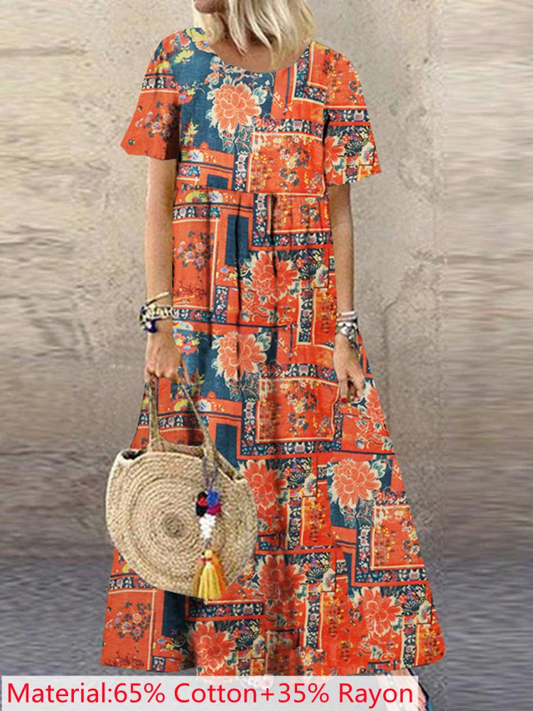 2025 ZANZEA Bohemian Holiday Sundress Summer Women Vintage Floral Printed Short Sleeve Beach Dress Loose Long Vestido Robe Femme