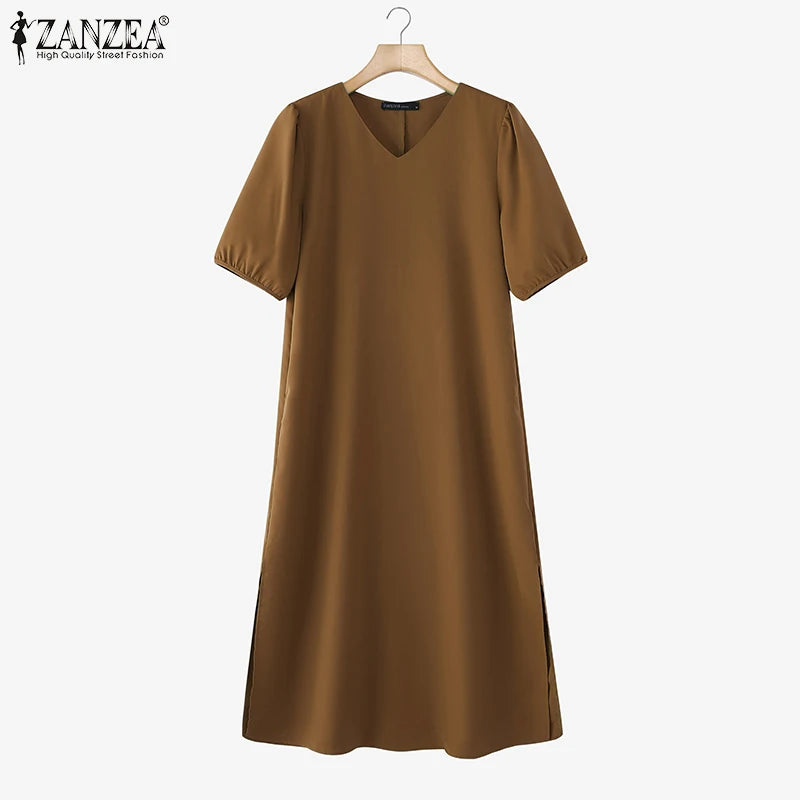 ZANZEA 2025 Fashion Summer Dress Women V Neck Short Sleeve Holiday Sundress Casual Loose Party Work Vestidos Kaftan Robe Femme